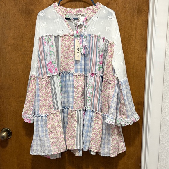 Blue Velvet Tops - 447. Blue Velvet Patchwork Floral Tiered Dress Tunic in Pastel Pink & Blue